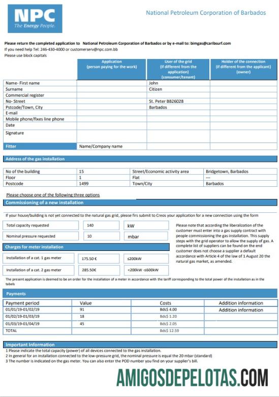 Conta de serviços públicos de gás da Barbados National Petroleum Corporation of Barbados exemplo real
